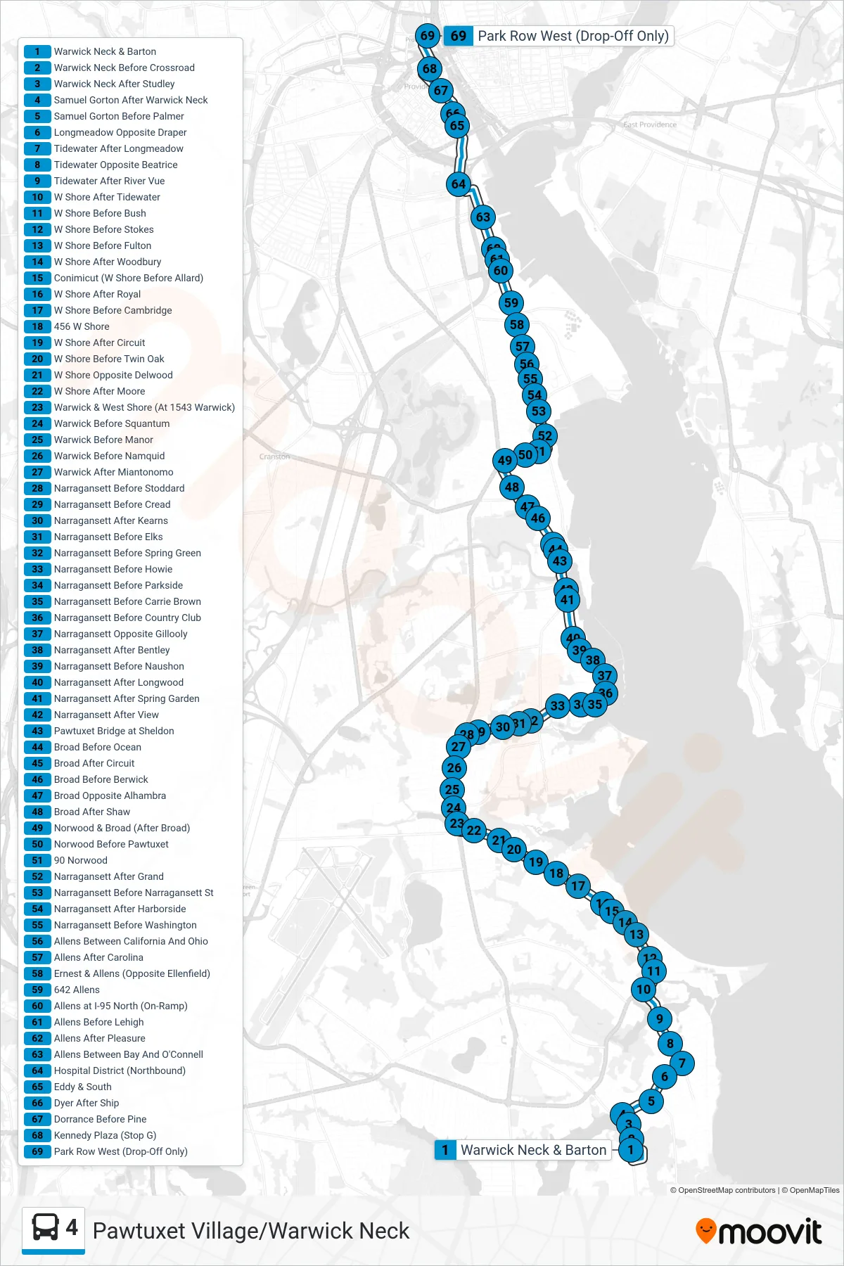 4 bus Line (Providence Station) route and stops on a map