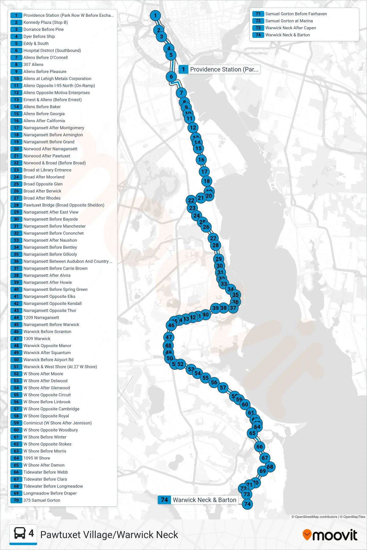 4 bus Line (Warwick Neck) route and stops on a map
