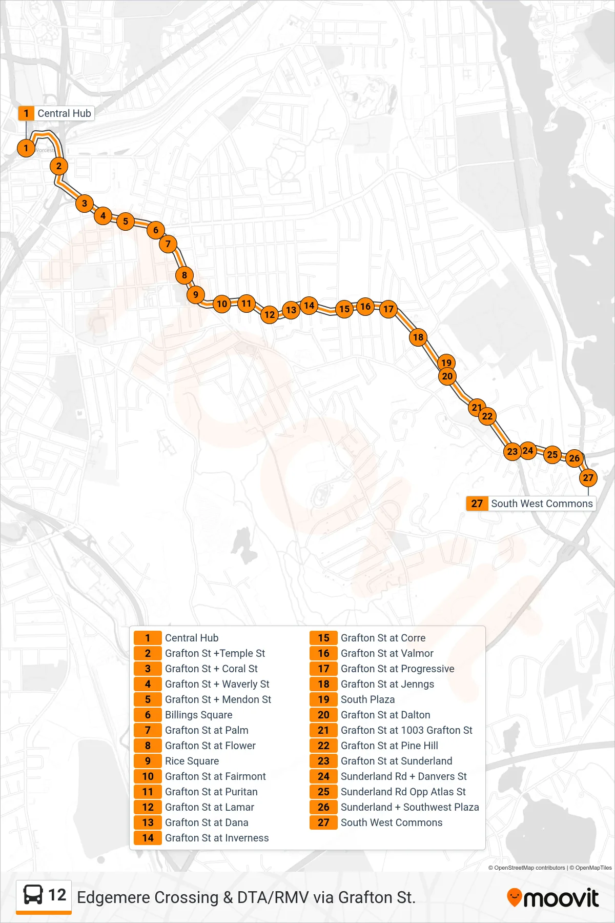 12 bus Line (Central Hub‎→South West Commons) route and stops on a map