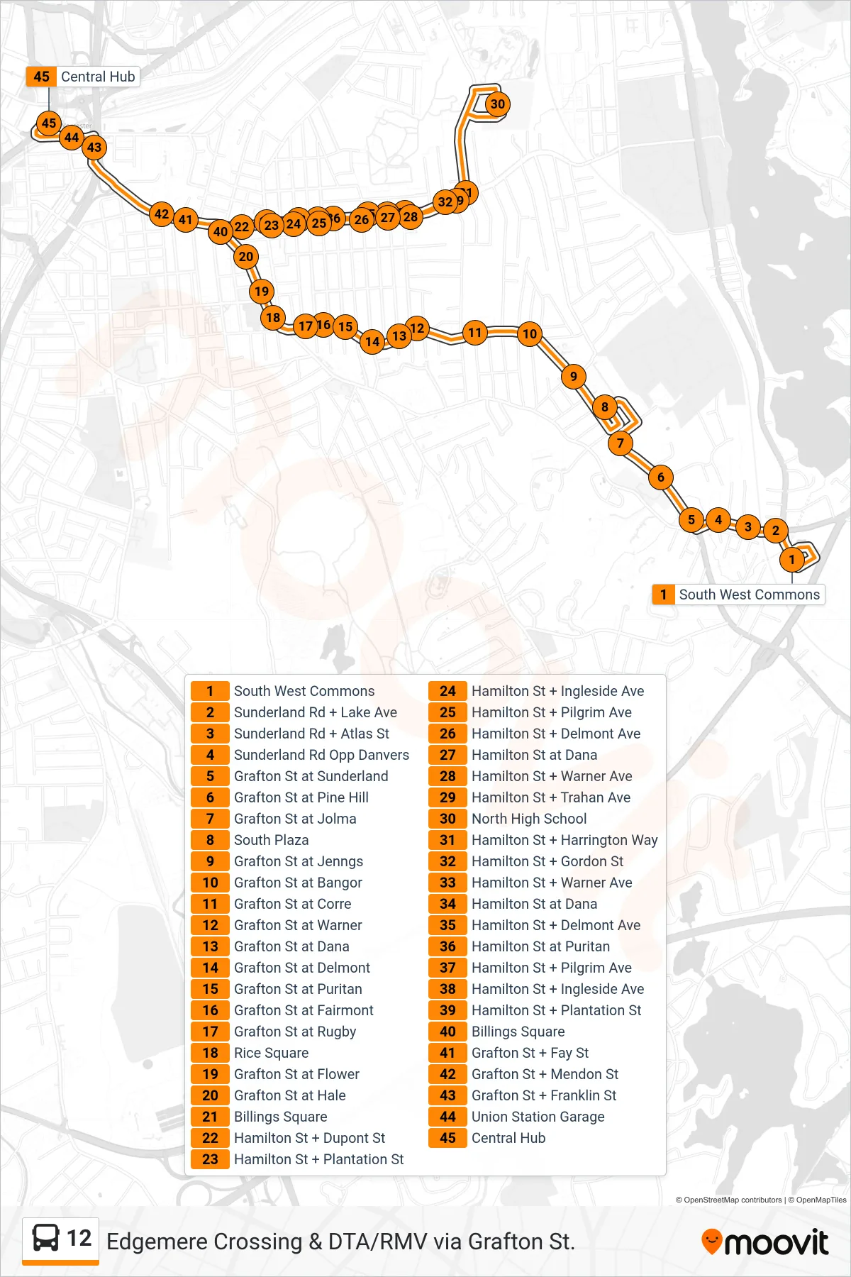 12 bus Line (South West Commons‎→Central Hub) route and stops on a map