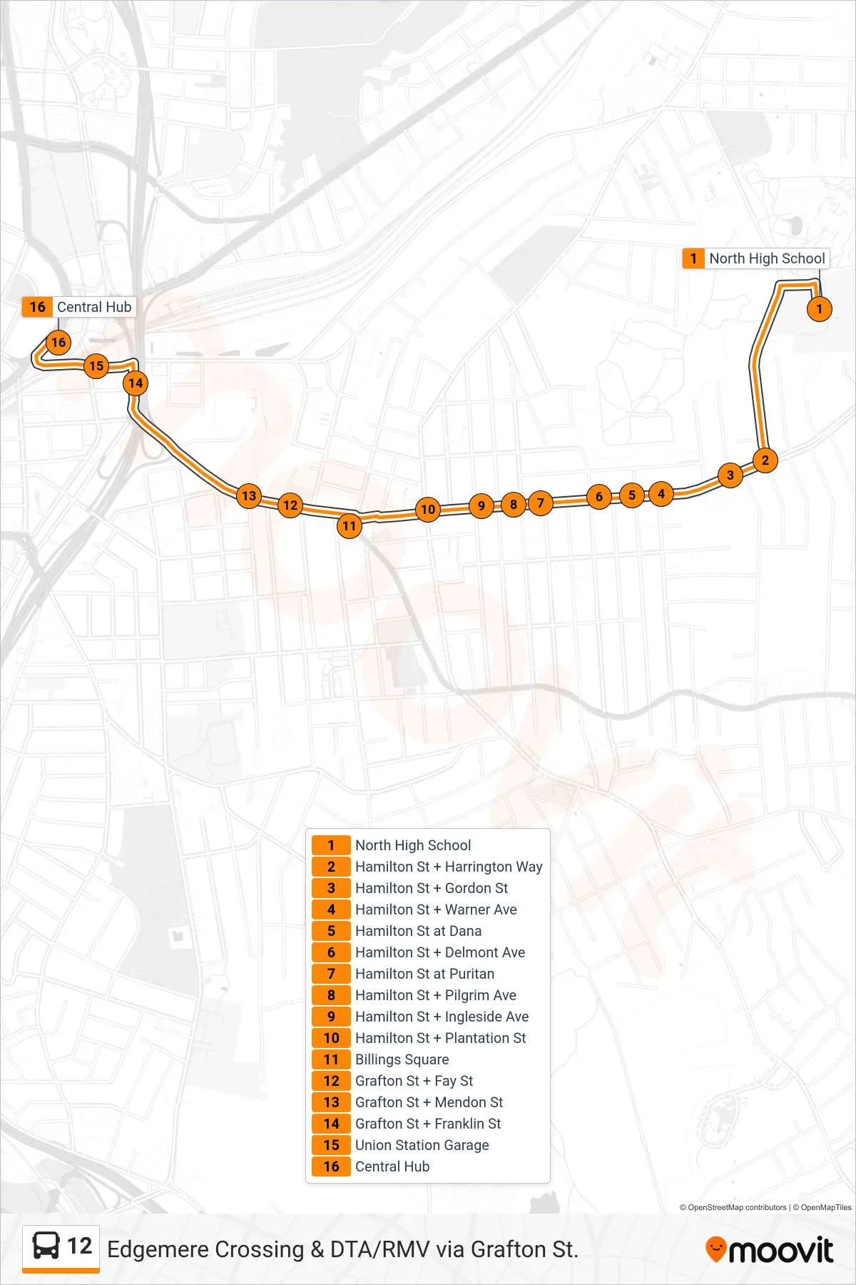 12 bus Line (North High School‎→Central Hub) route and stops on a map