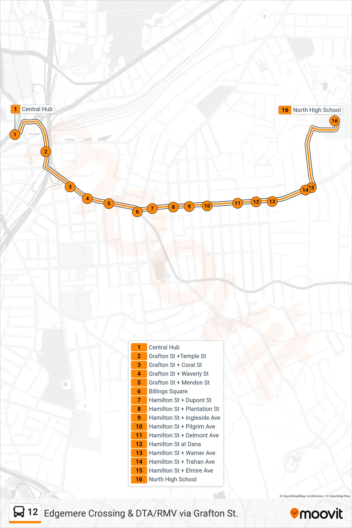 12 bus Line (Central Hub→North High School) route and stops on a map