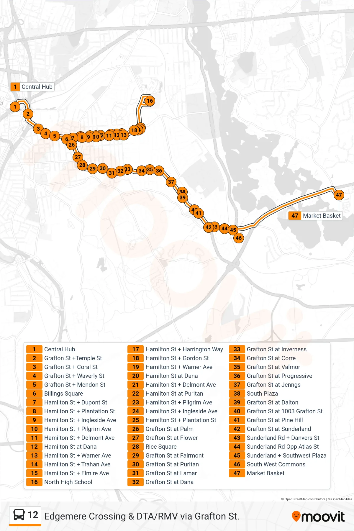 12 bus Line (Central Hub→Market Basket) route and stops on a map