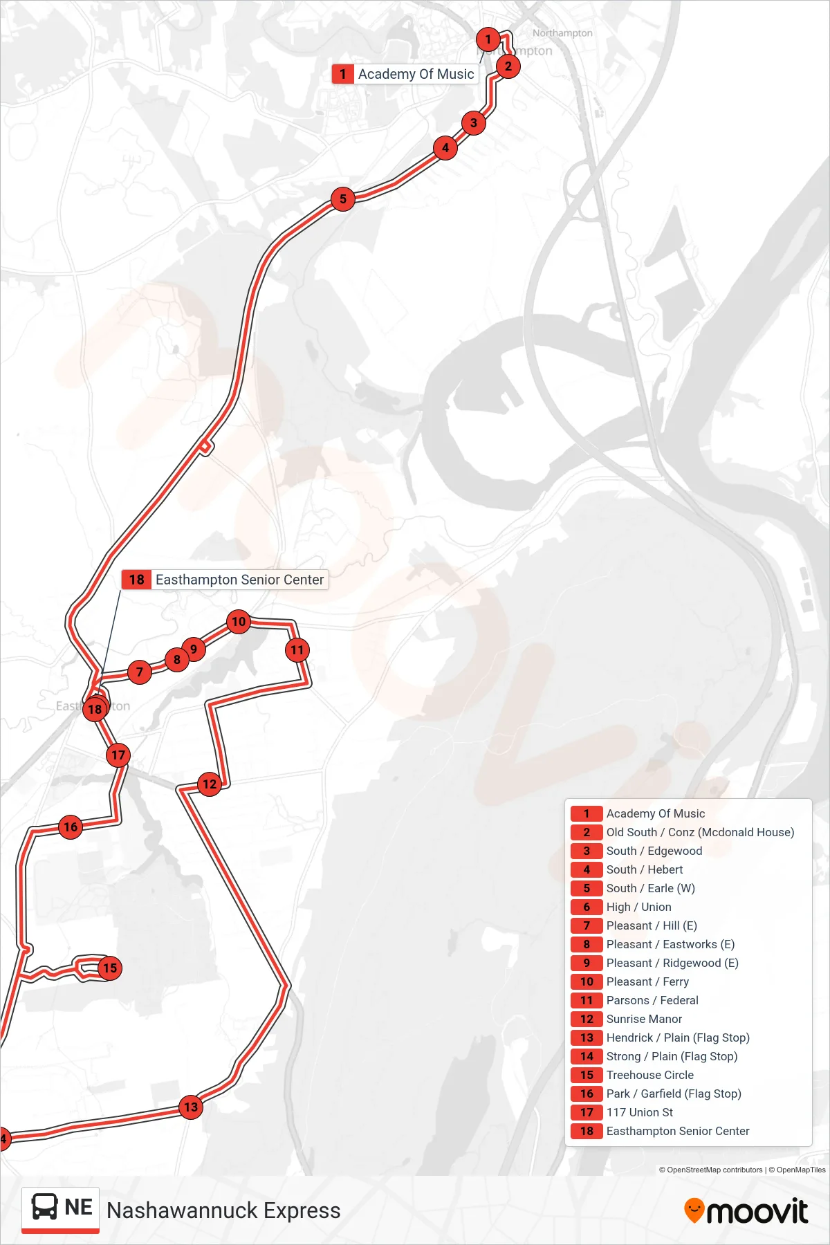 NE bus Line (Easthampton Senior Center) route and stops on a map