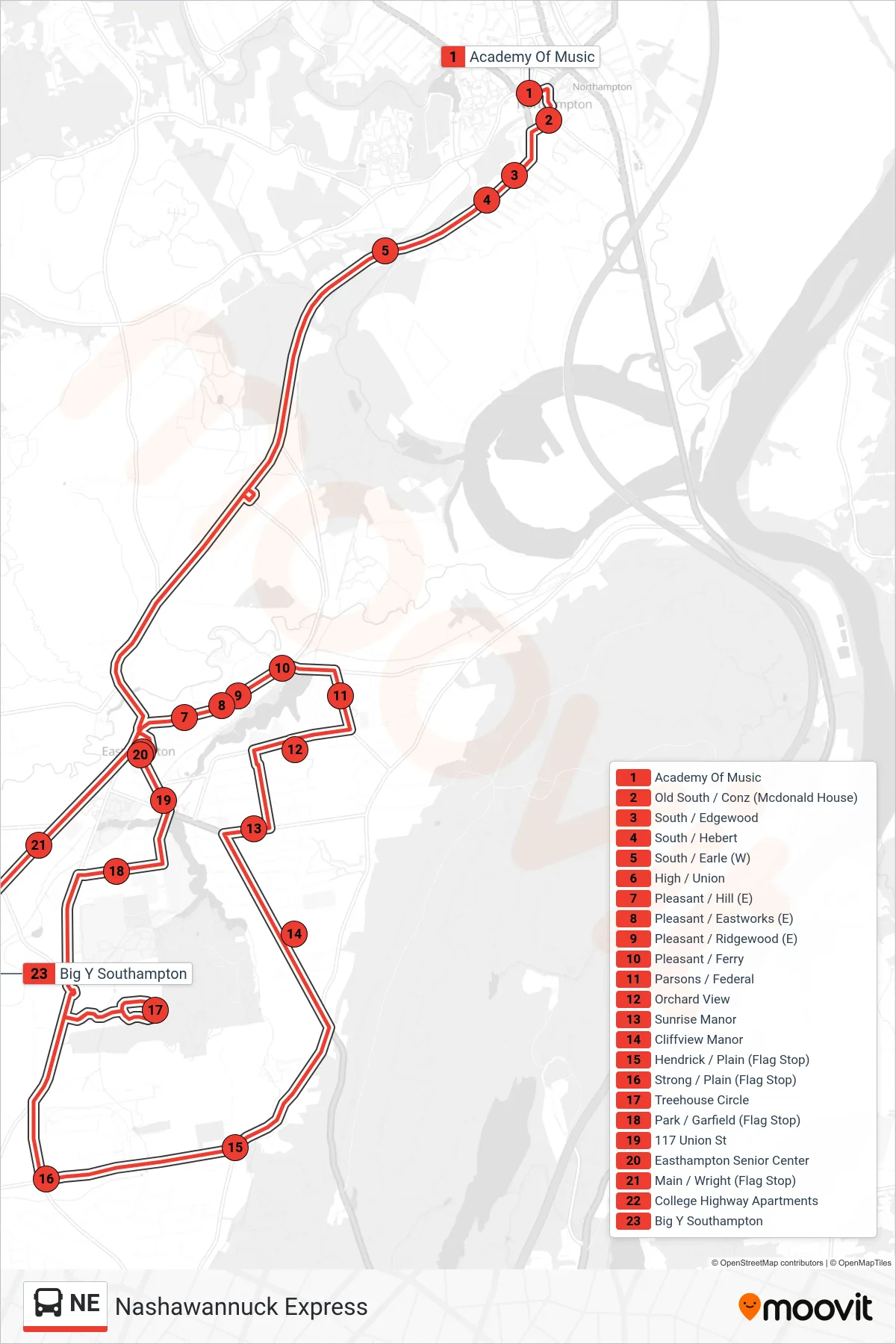 NE bus Line (Southampton Big Y) route and stops on a map