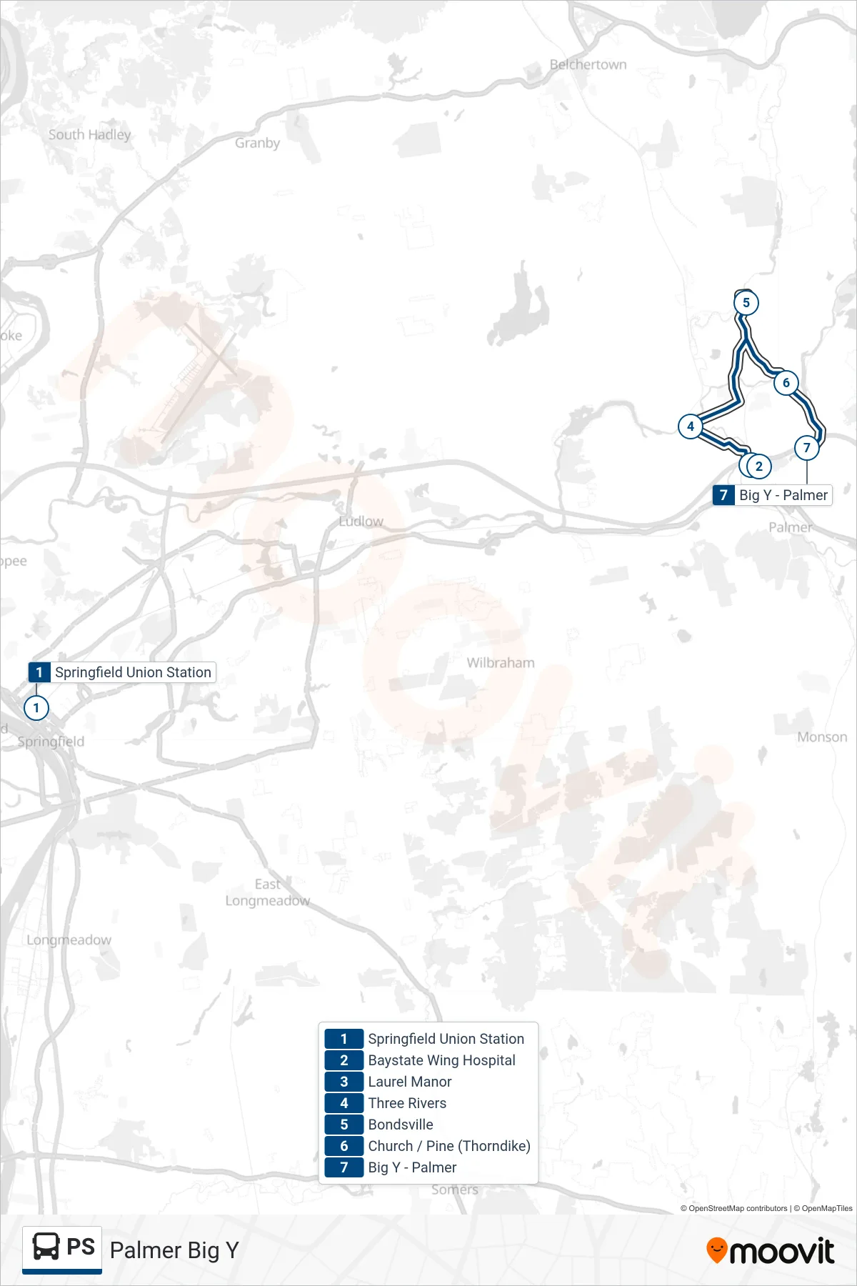 PS bus Line (Palmer Big Y) route and stops on a map