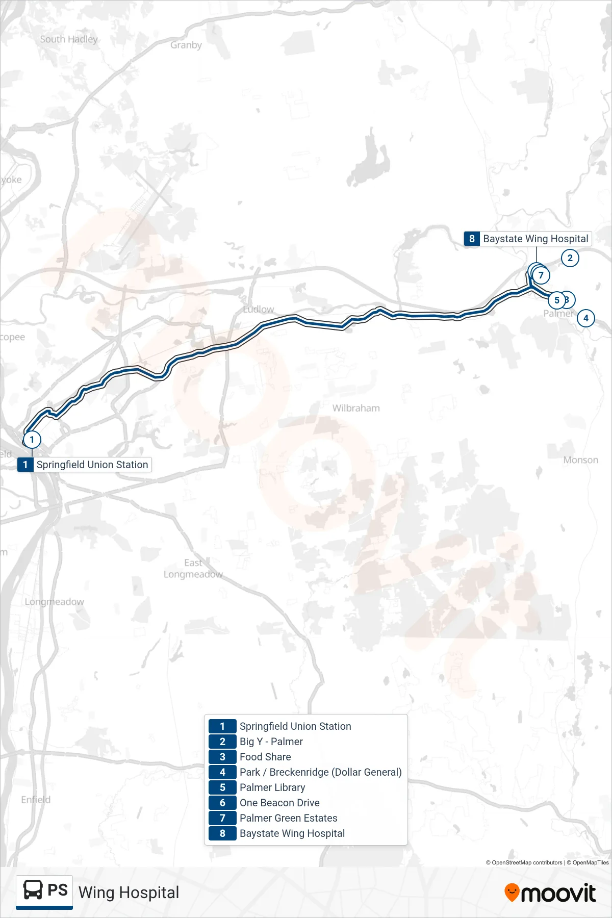 PS bus Line (Wing Hospital) route and stops on a map