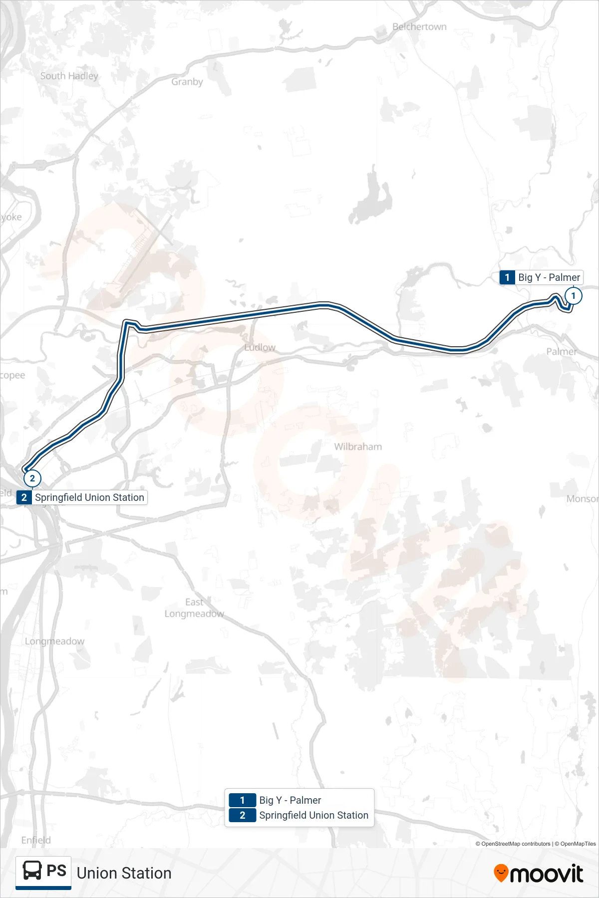 PS bus Line (Union Station) route and stops on a map