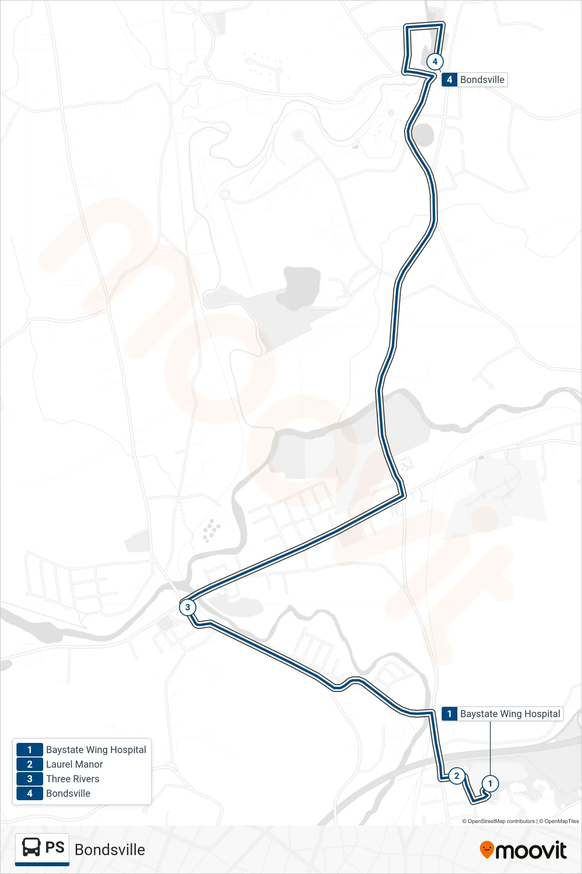 PS bus Line (Bondsville) route and stops on a map