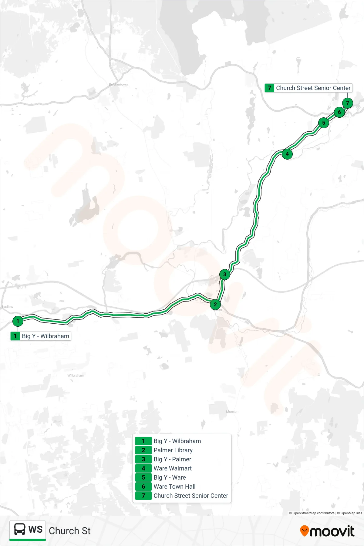 WS bus Line (Church St) route and stops on a map