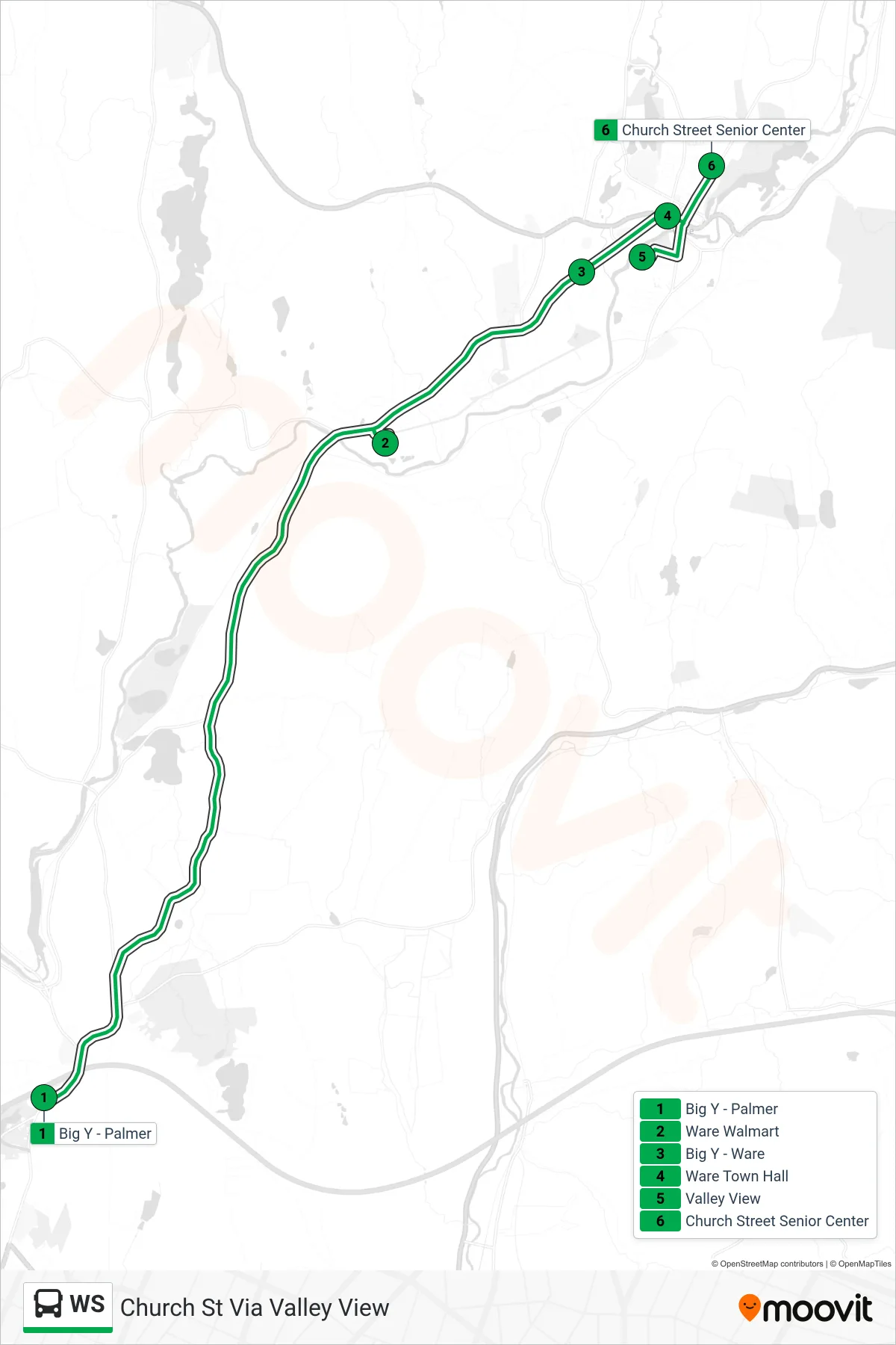 WS bus Line (Church St Via Valley View) route and stops on a map