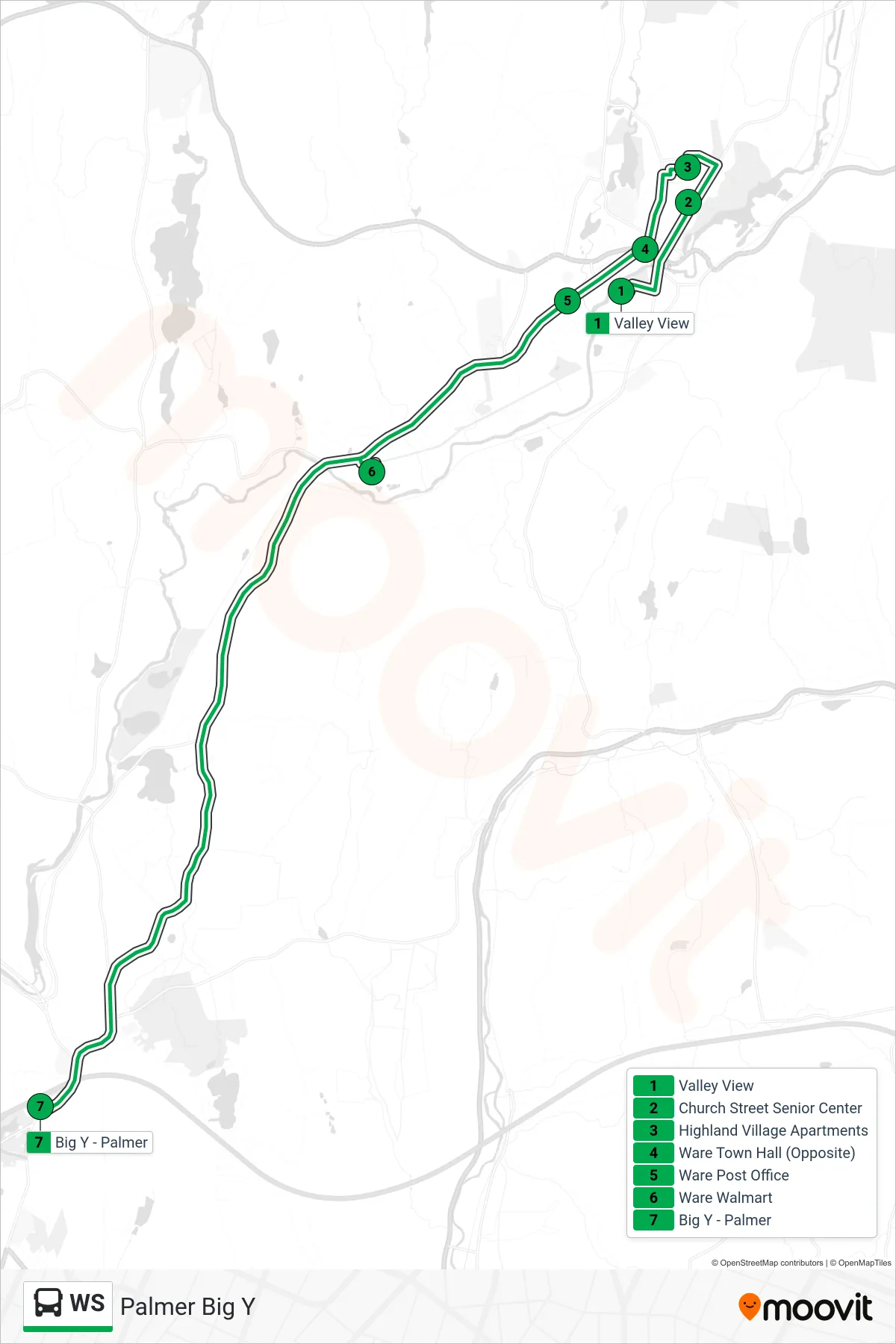 WS bus Line (Palmer Big Y) route and stops on a map