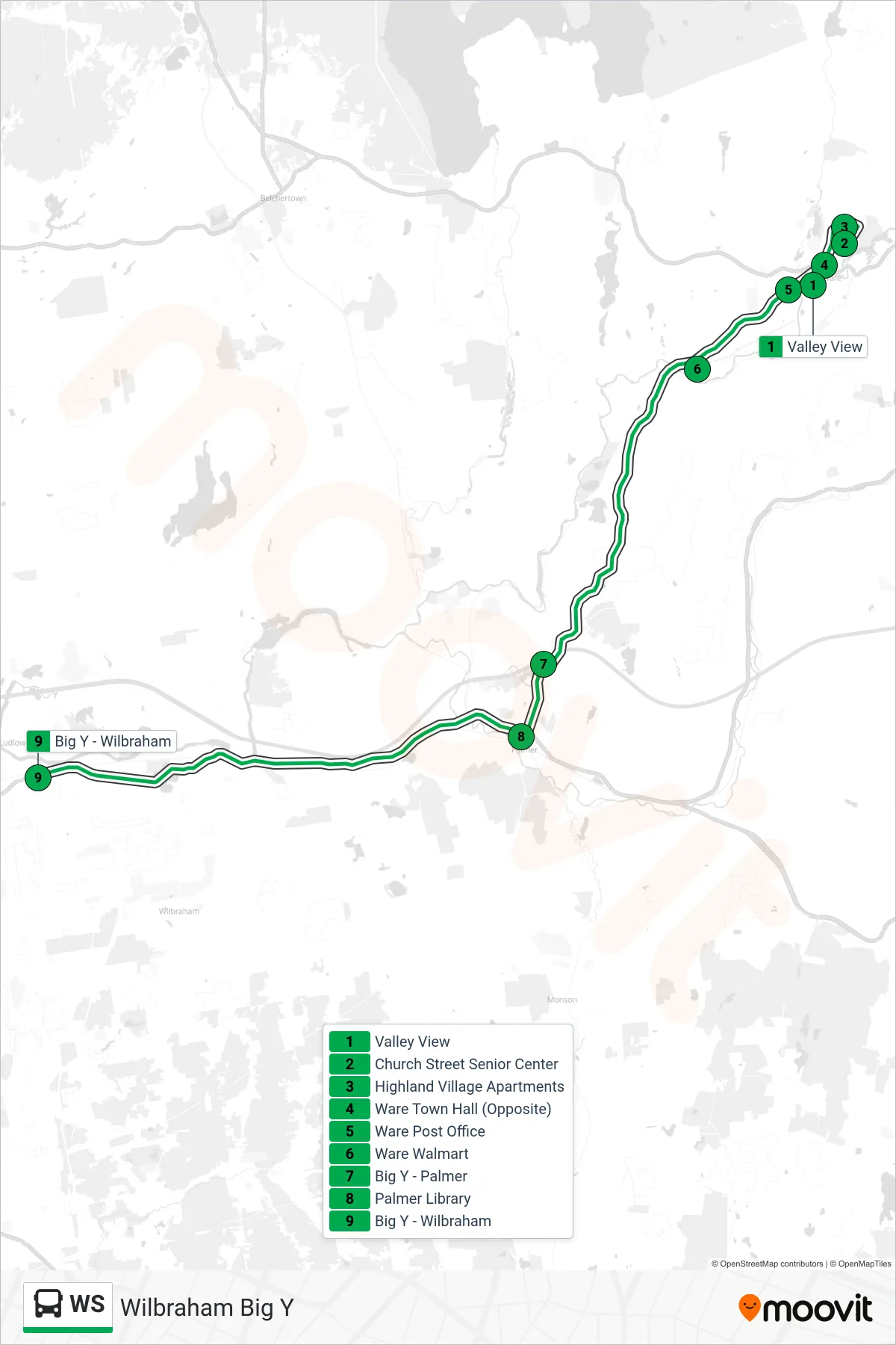 WS bus Line (Wilbraham Big Y) route and stops on a map