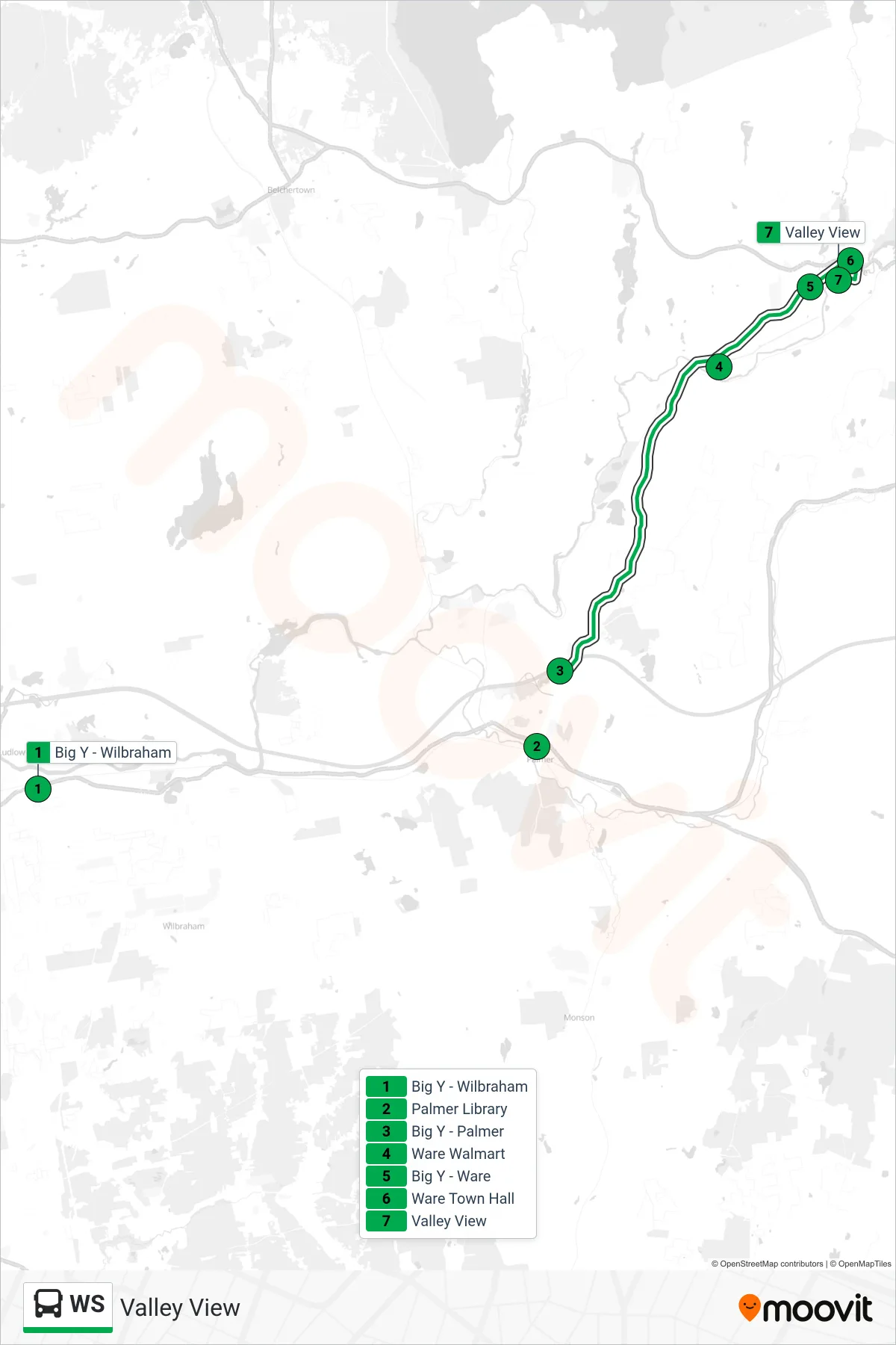 WS bus Line (Valley View) route and stops on a map