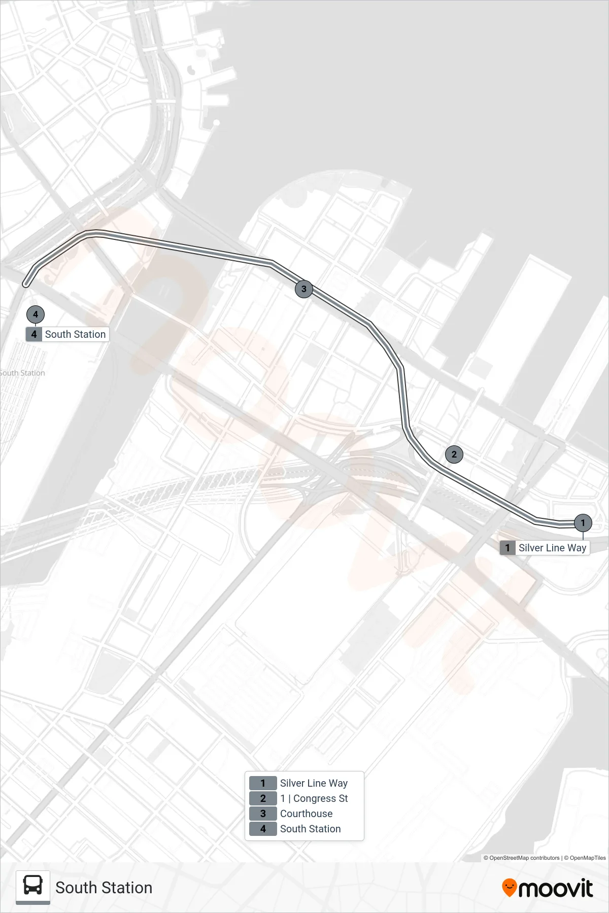 SLW bus Line (South Station) route and stops on a map