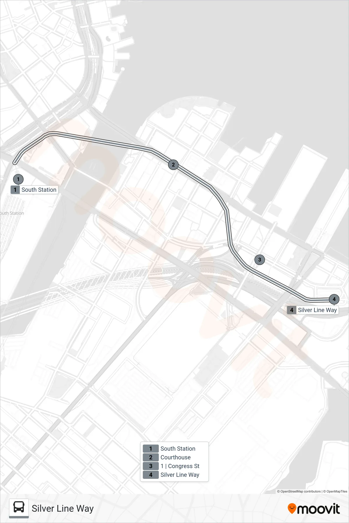 SLW bus Line (Silver Line Way) route and stops on a map