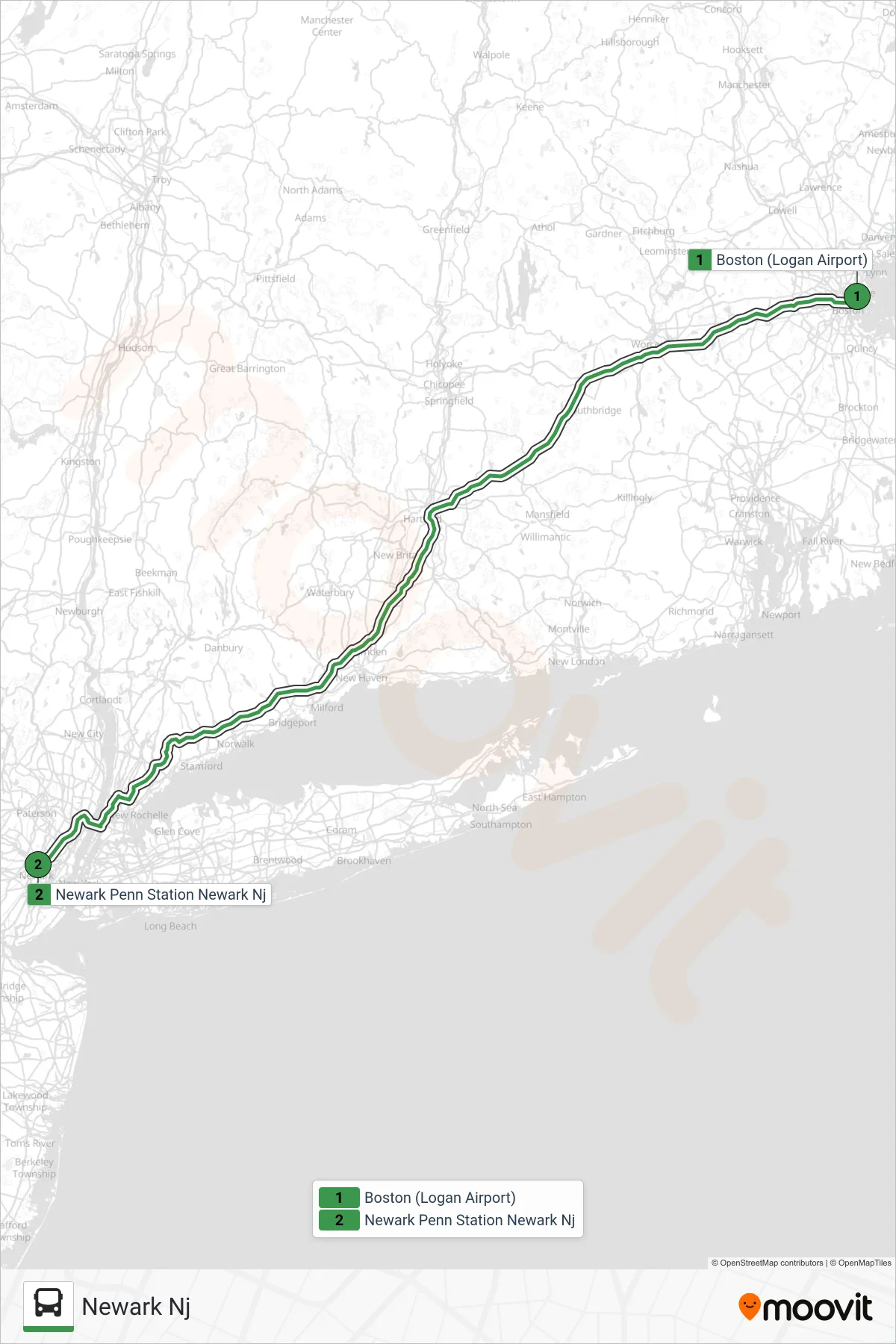 PETER PAN bus Line (Newark Nj) route and stops on a map