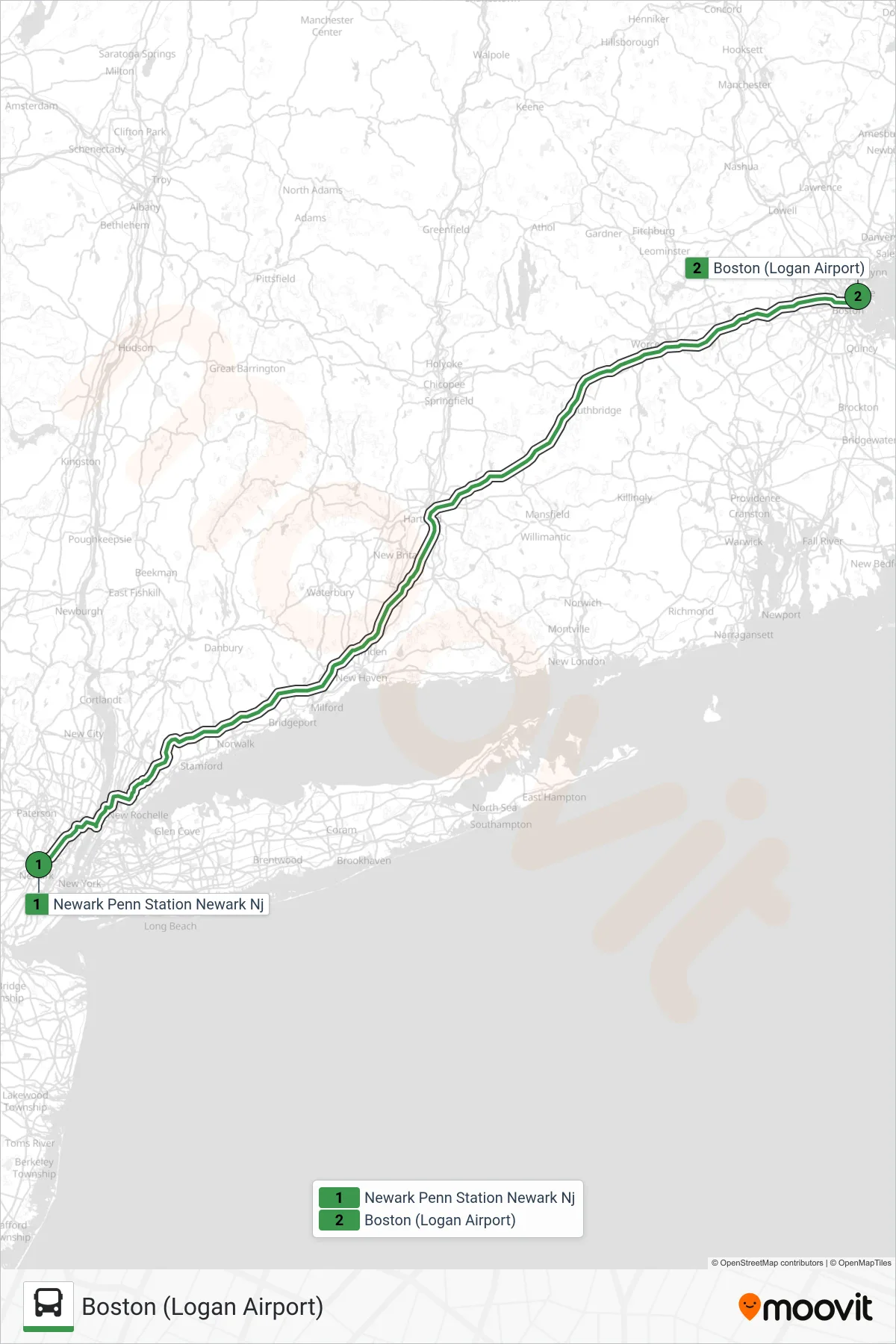 PETER PAN bus Line (Boston (Logan Airport)) route and stops on a map