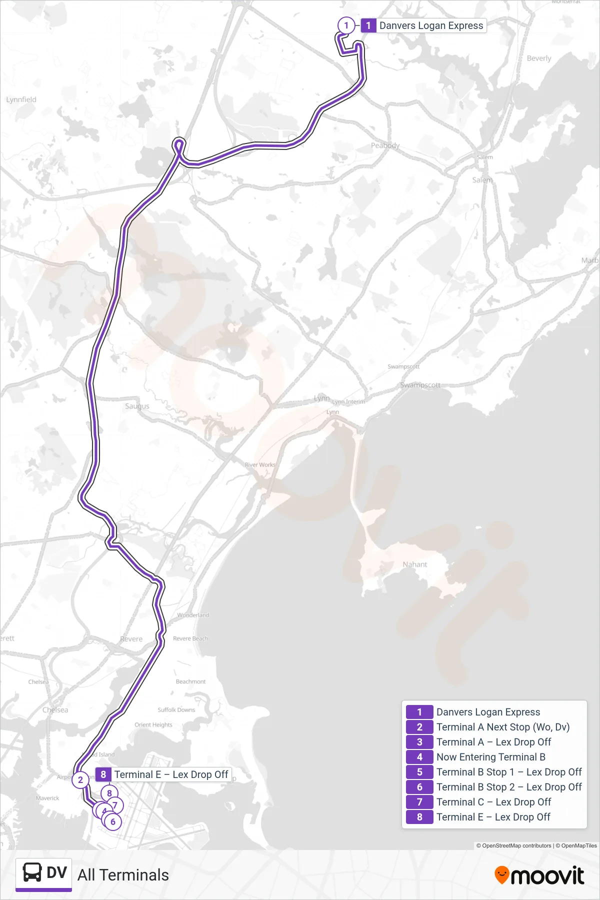 DV bus Line (All Terminals) route and stops on a map