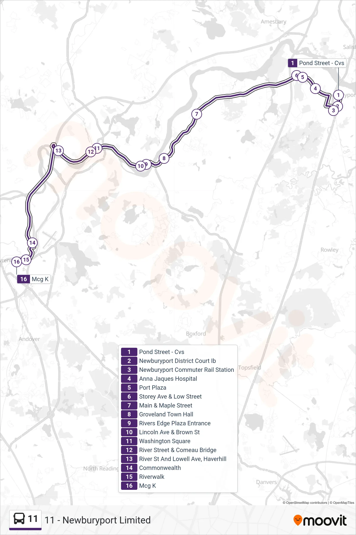 11 bus Line (Mcgovern) route and stops on a map