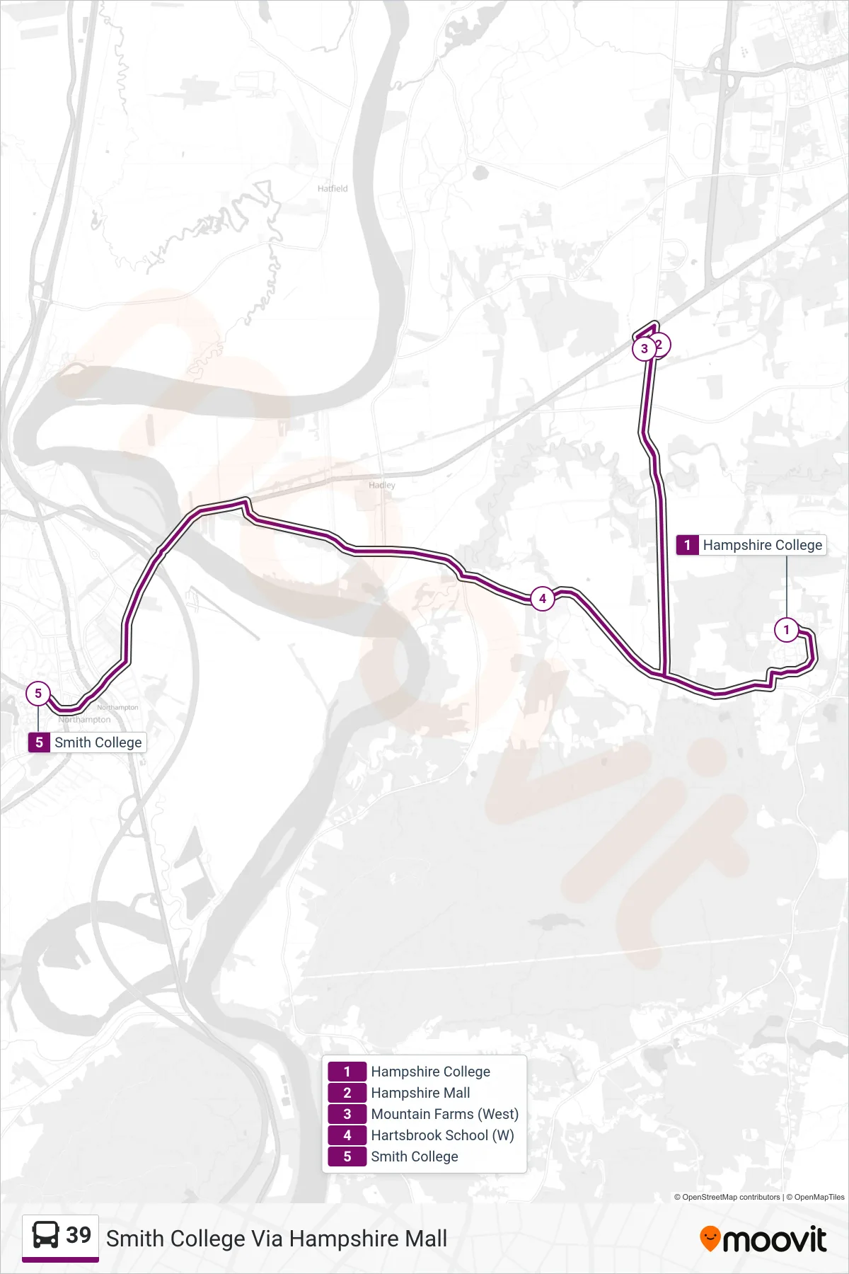 39 bus Line (Smith College Via Hampshire Mall) route and stops on a map