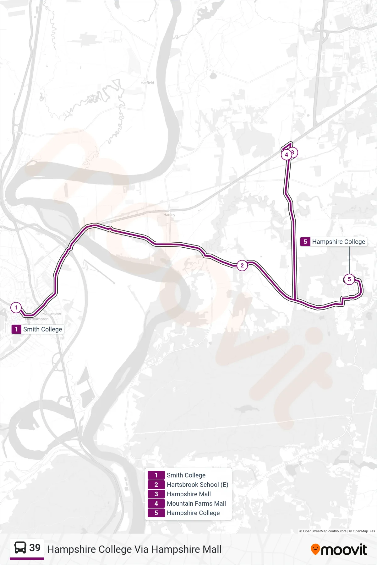 39 bus Line (Hampshire College Via Hampshire Mall) route and stops on a map