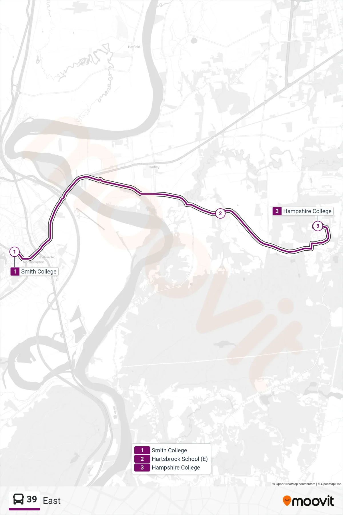 39 bus Line (East) route and stops on a map