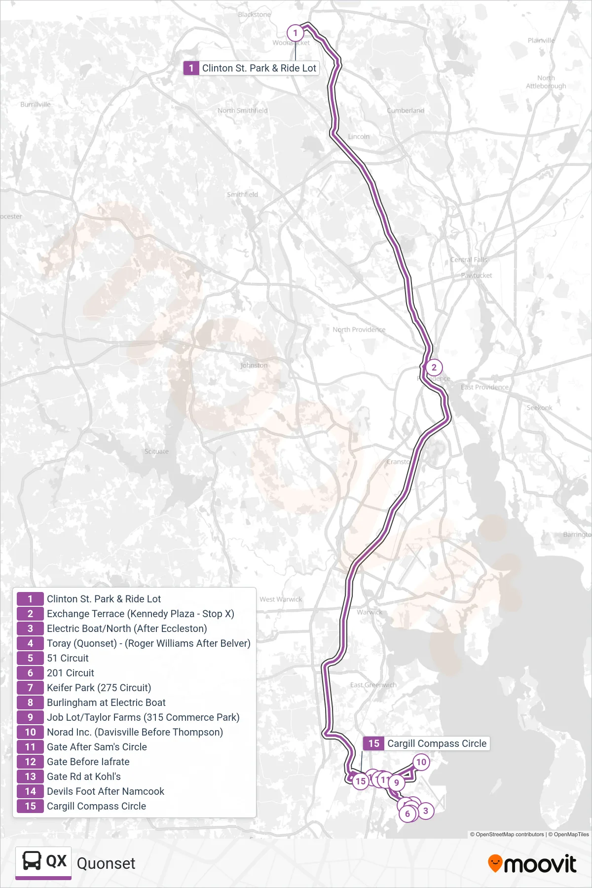 QX bus Line (Quonset) route and stops on a map