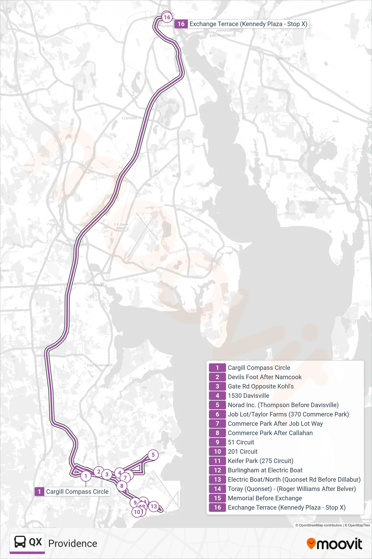 QX bus Line (Providence) route and stops on a map