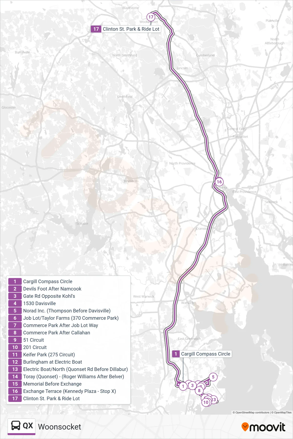 QX bus Line (Woonsocket) route and stops on a map