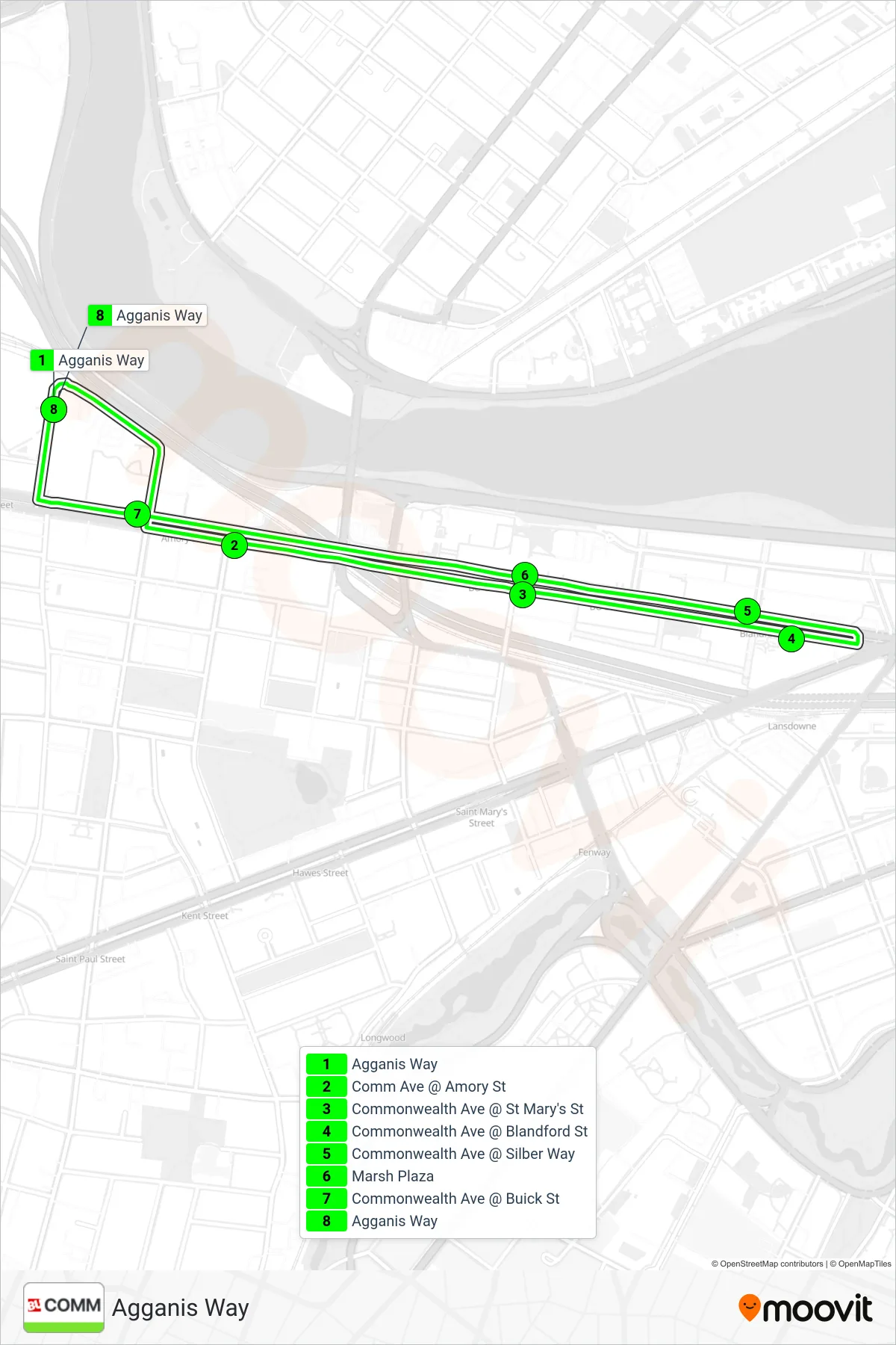 COMM AVE bus Line (Agganis Way) route and stops on a map
