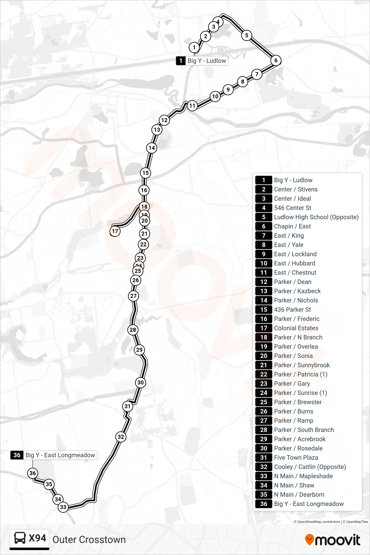 X94 bus Line (East Longmeadow Big Y) route and stops on a map
