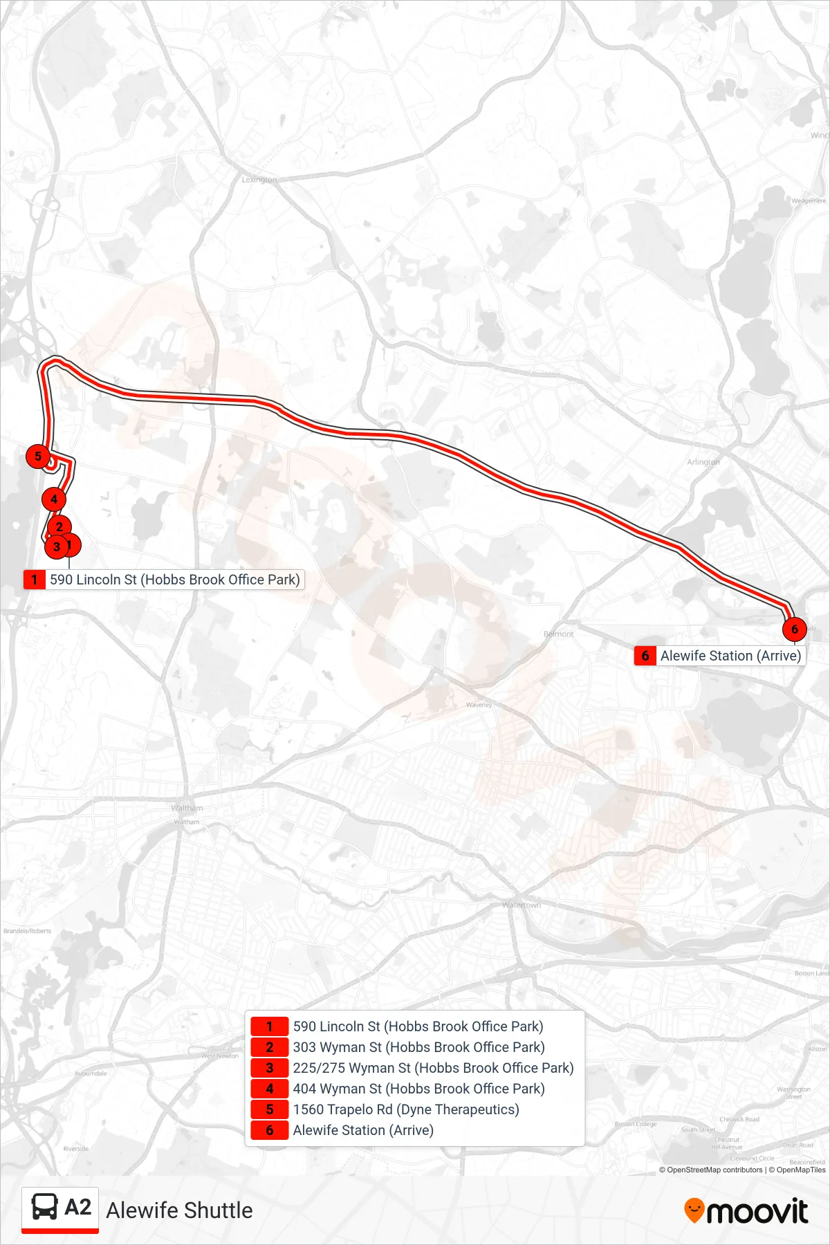 A2 bus Line (A2: Alewife Shuttle) route and stops on a map