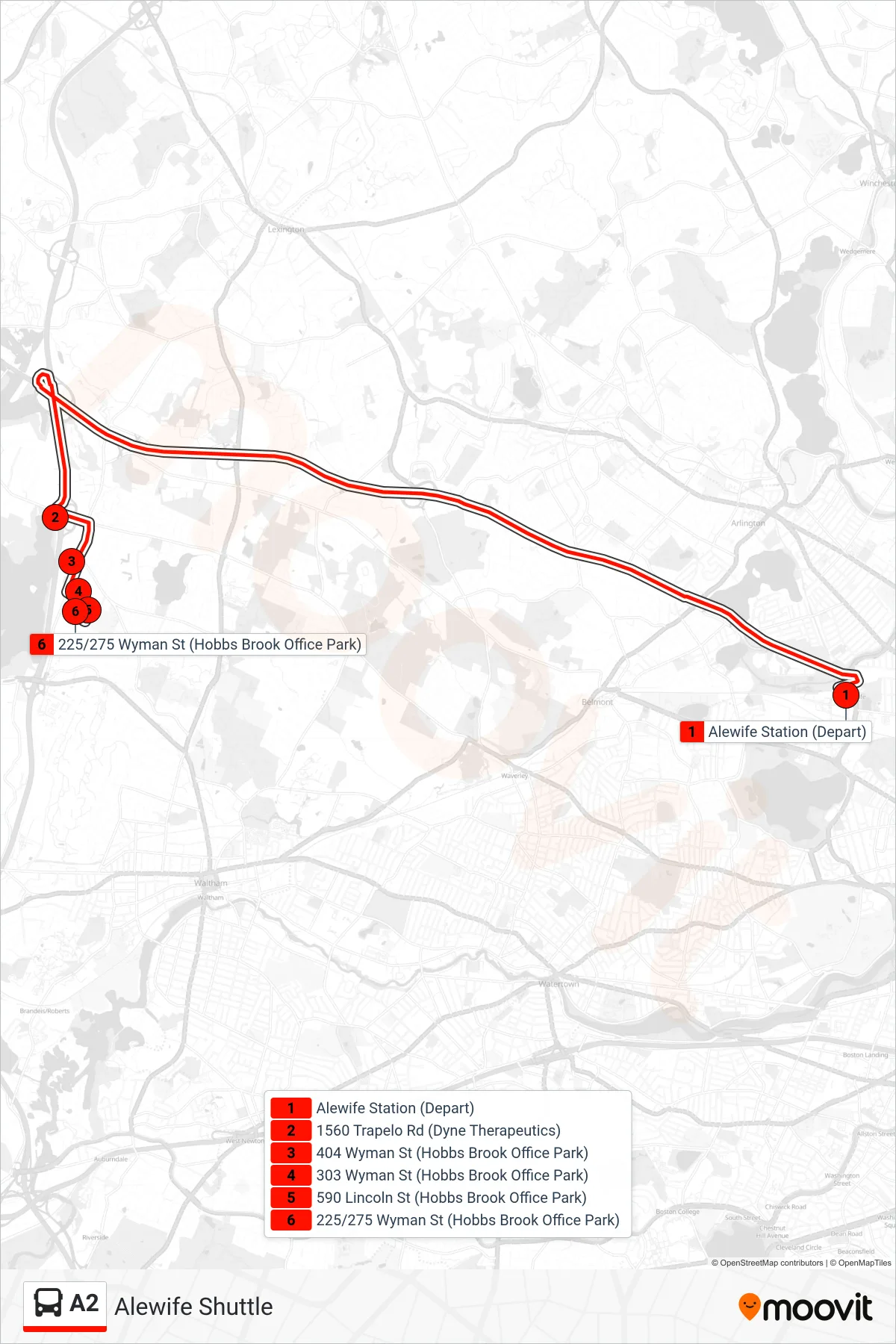 A2 bus Line (A2: Alewife Shuttle) route and stops on a map