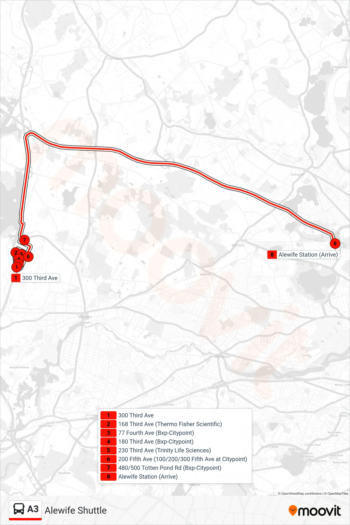 A3 bus Line (A3: Alewife Shuttle) route and stops on a map