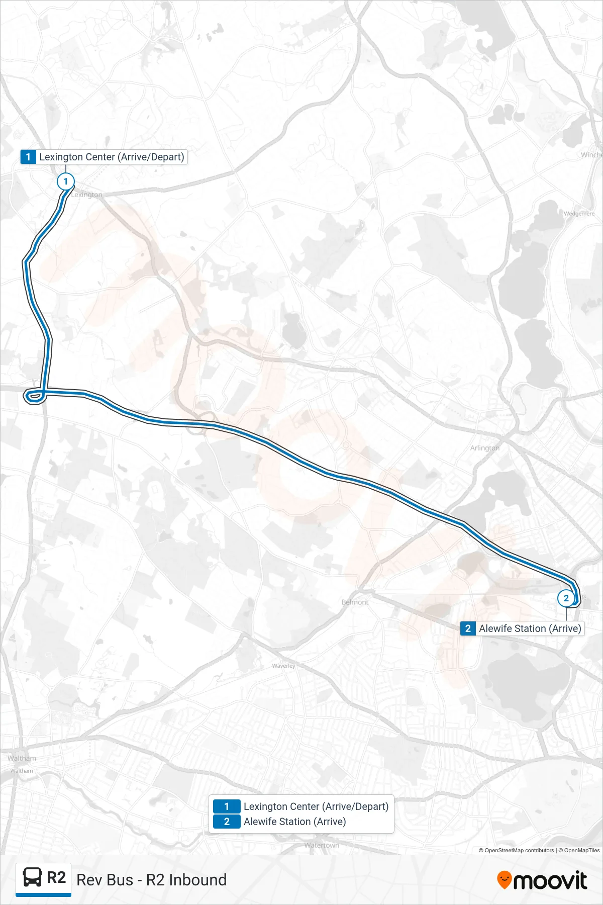 R2 bus Line (Rev Bus - R2 Inbound) route and stops on a map