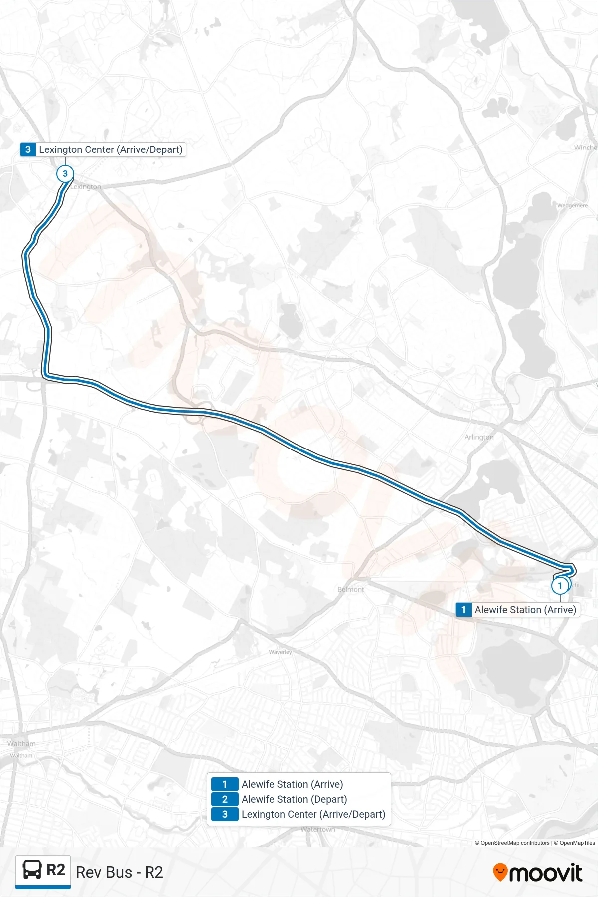 R2 bus Line (Rev Bus - R2) route and stops on a map