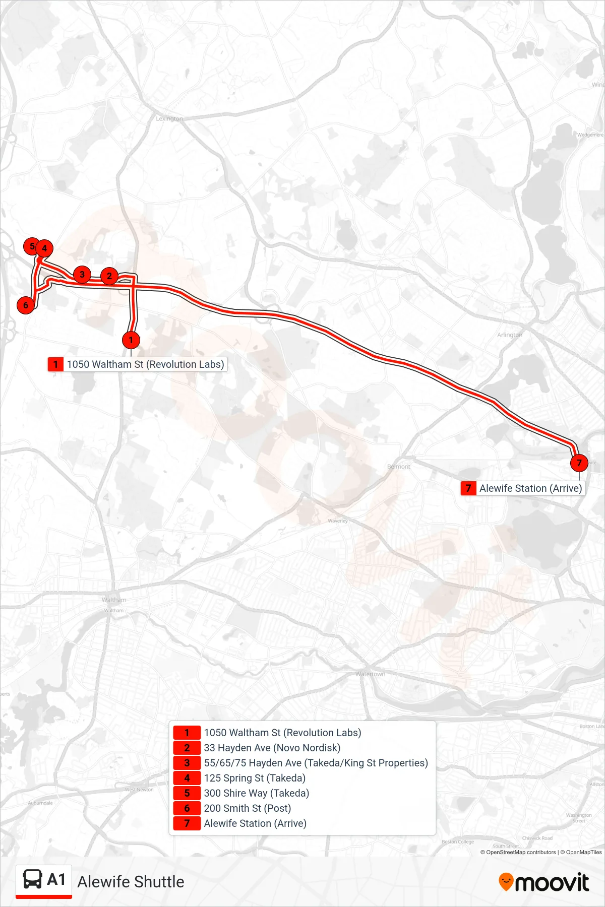 A1 bus Line (A1: Alewife Shuttle) route and stops on a map