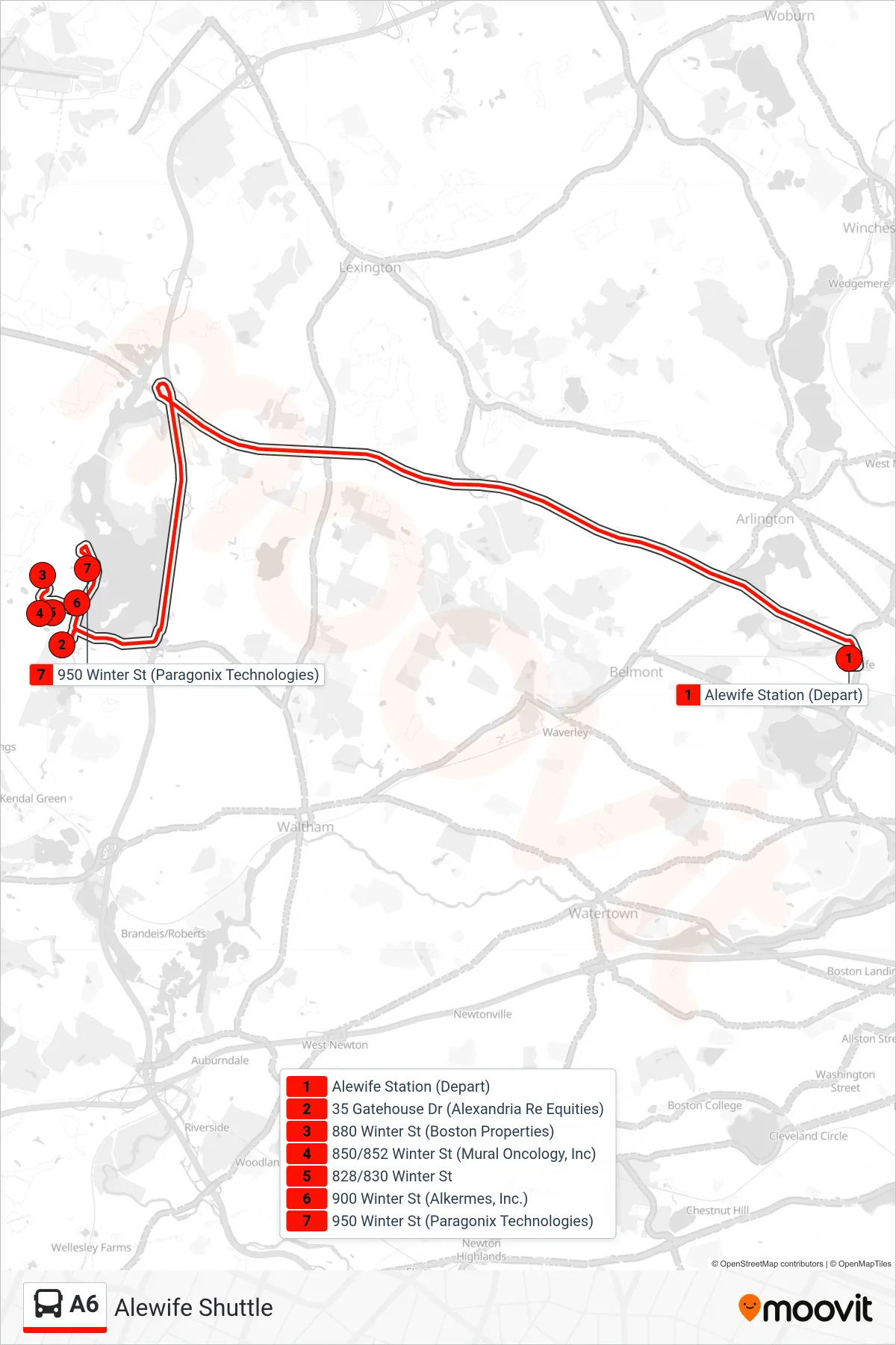 A6 bus Line (A6: Alewife Shuttle) route and stops on a map