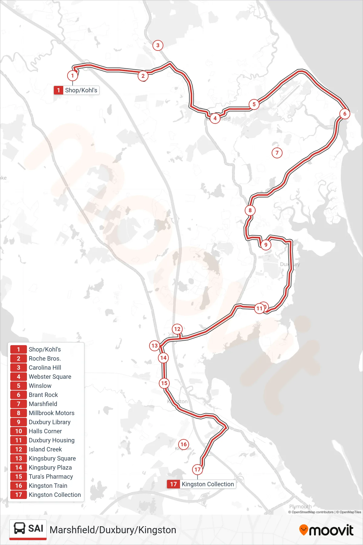 SAI bus Line (Shop/Kohl's→Kingston Collection) route and stops on a map