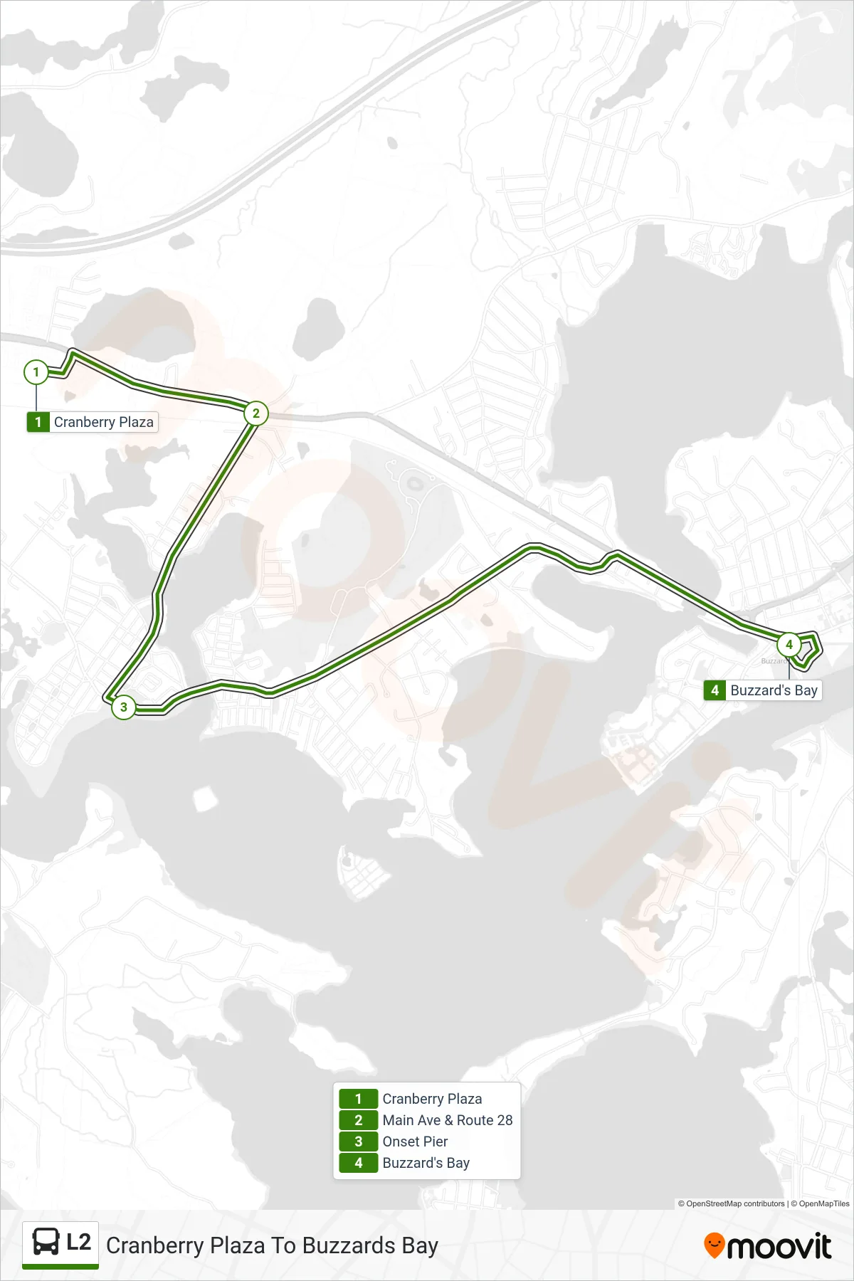 L2 bus Line (Cranberry Plaza→Buzzard's Bay) route and stops on a map