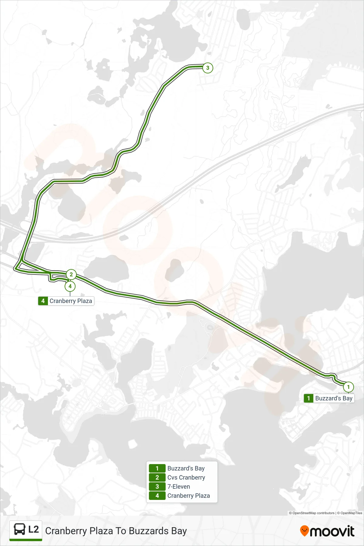 L2 bus Line (Buzzard's Bay‎→Cranberry Plaza) route and stops on a map