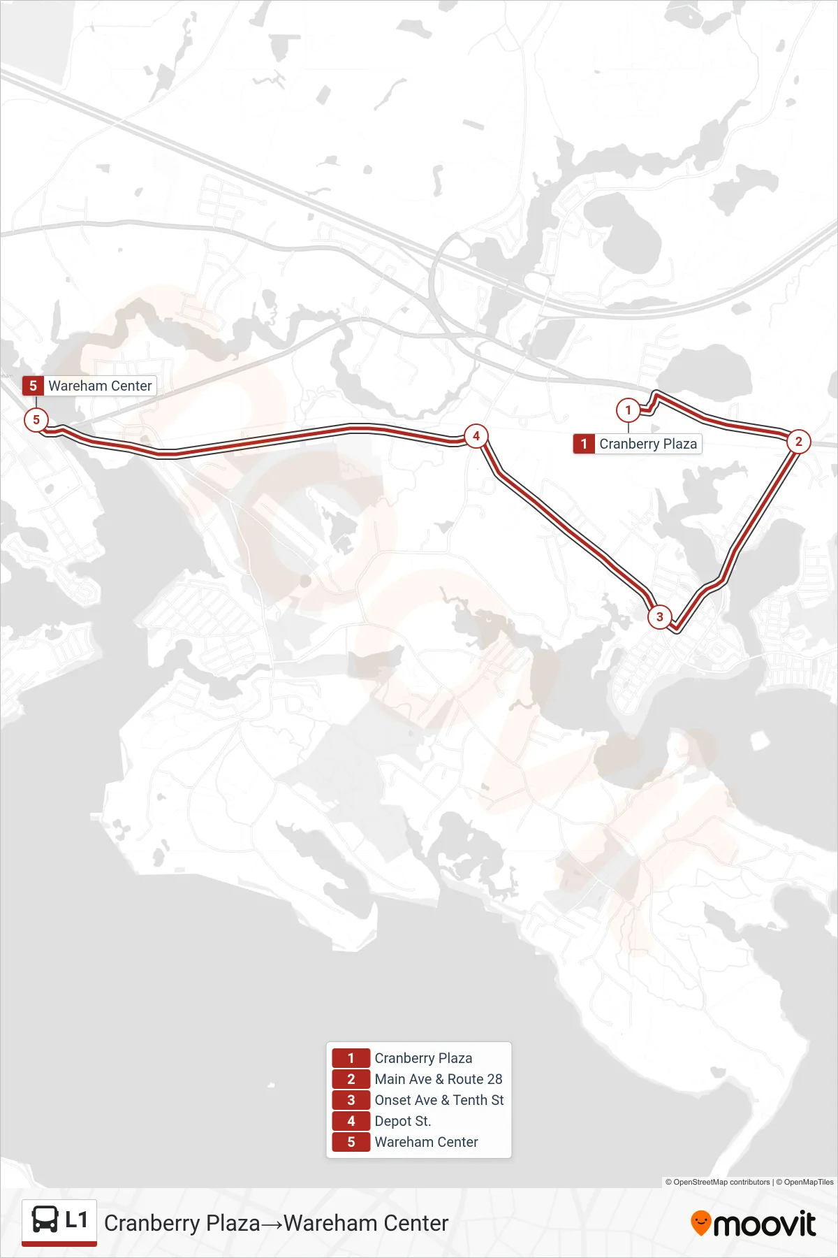 L1 bus Line (Cranberry Plaza‎→Wareham Center) route and stops on a map
