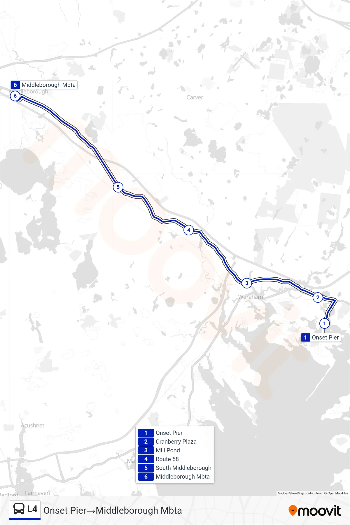 L4 bus Line (Onset Pier‎→Middleborough Mbta) route and stops on a map