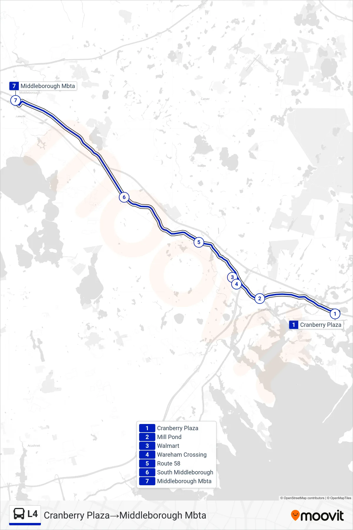 L4 bus Line (Cranberry Plaza‎→Middleborough Mbta) route and stops on a map