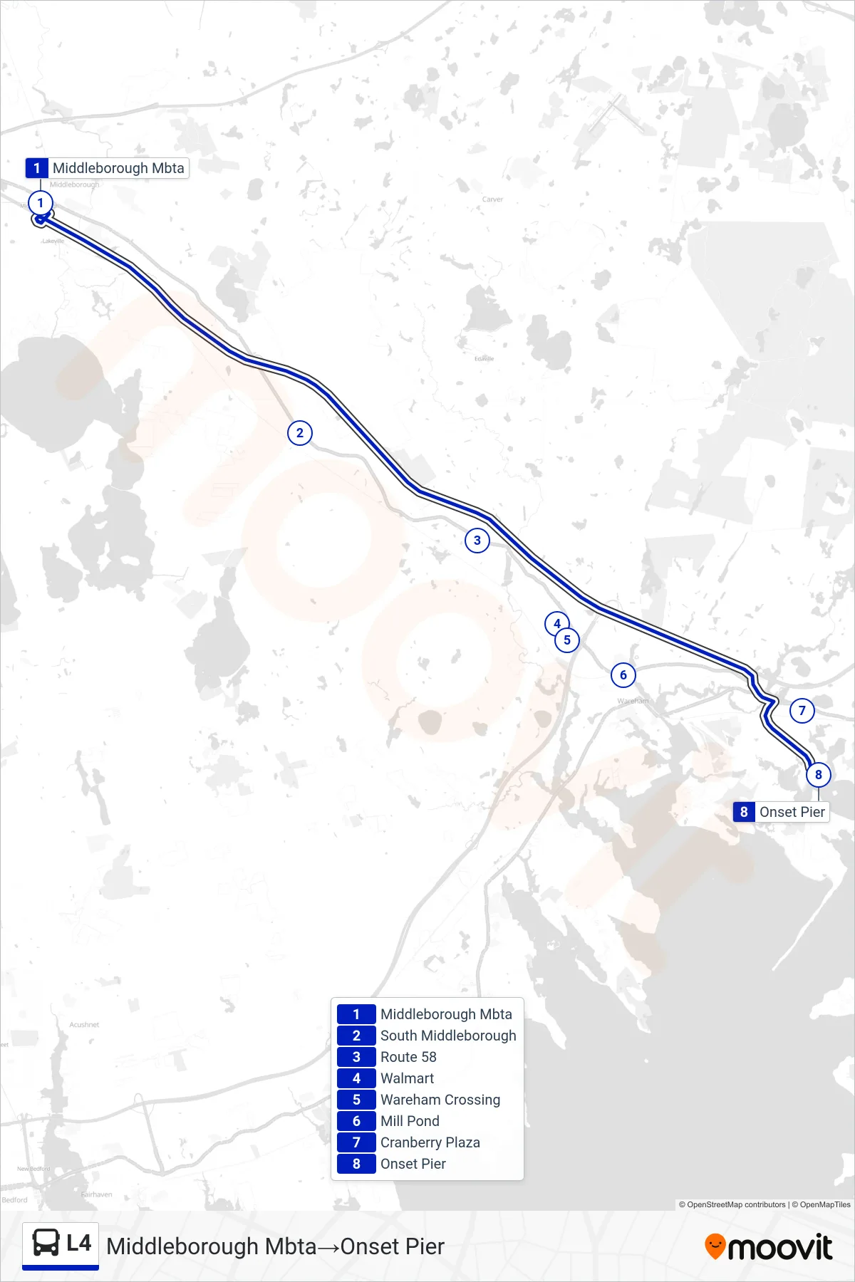 L4 bus Line (Middleborough Mbta‎→Onset Pier) route and stops on a map
