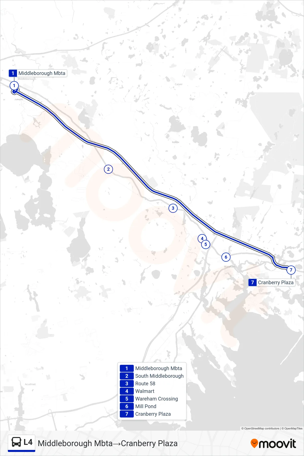 L4 bus Line (Middleborough Mbta→Cranberry Plaza) route and stops on a map