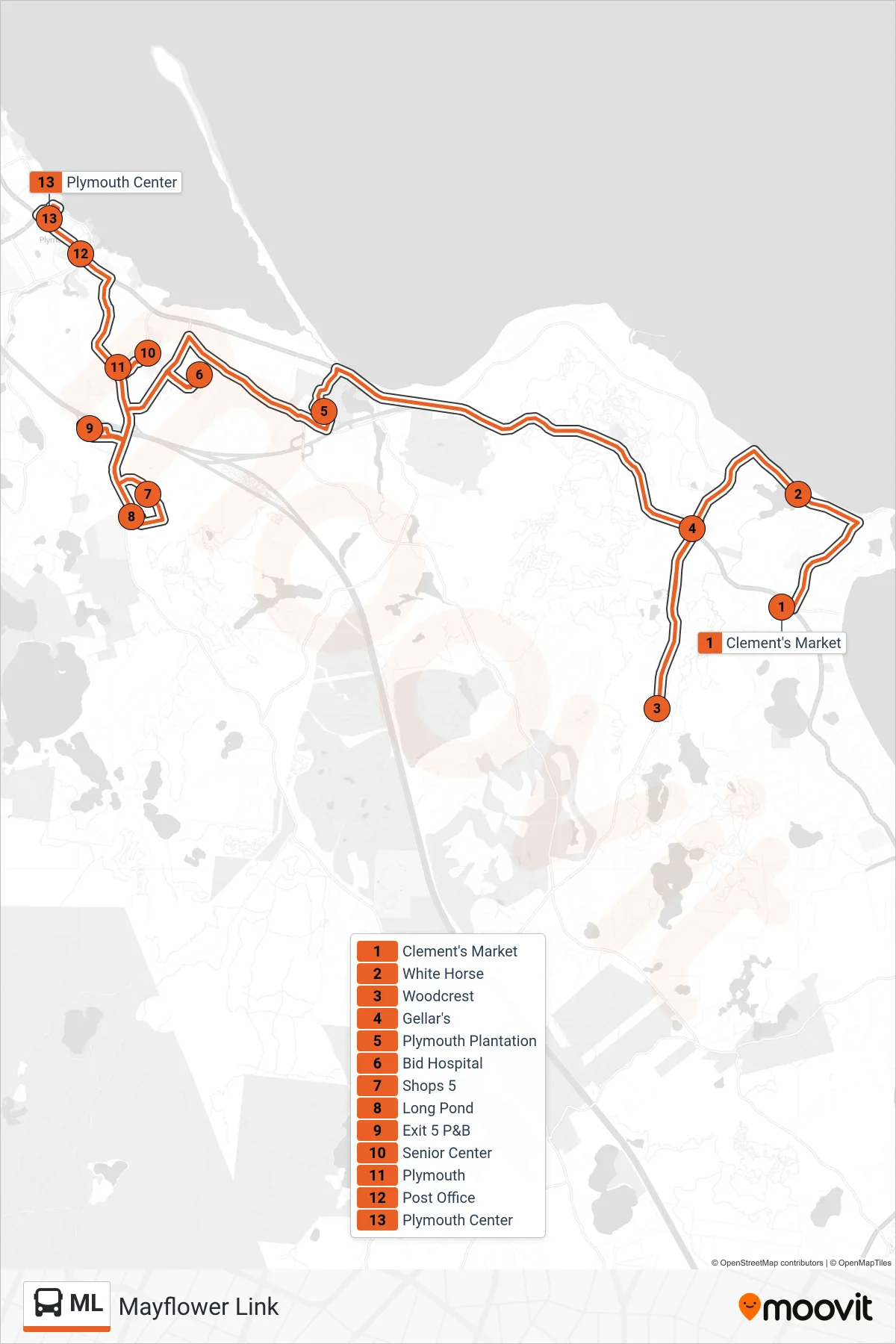 ML bus Line (Clement's Market‎→Plymouth Center) route and stops on a map