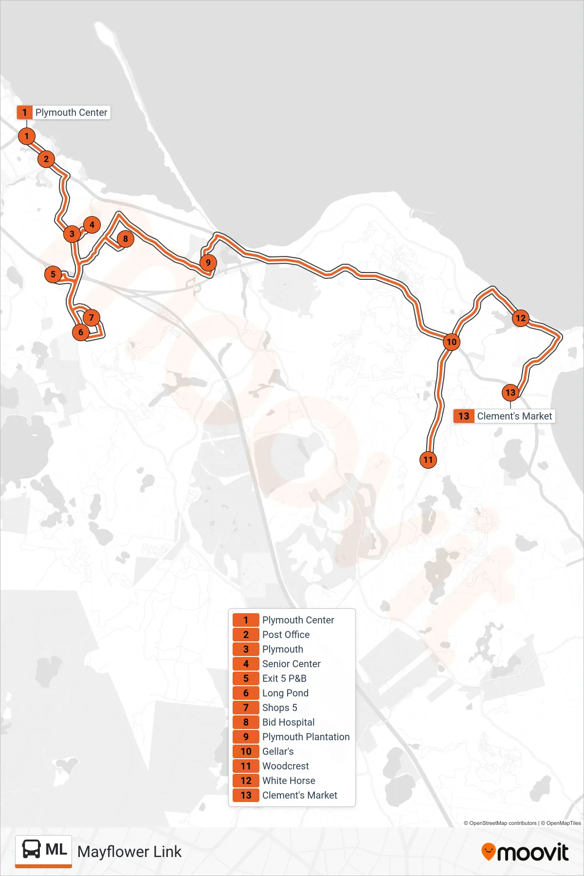 ML bus Line (Plymouth Center→Clement's Market) route and stops on a map