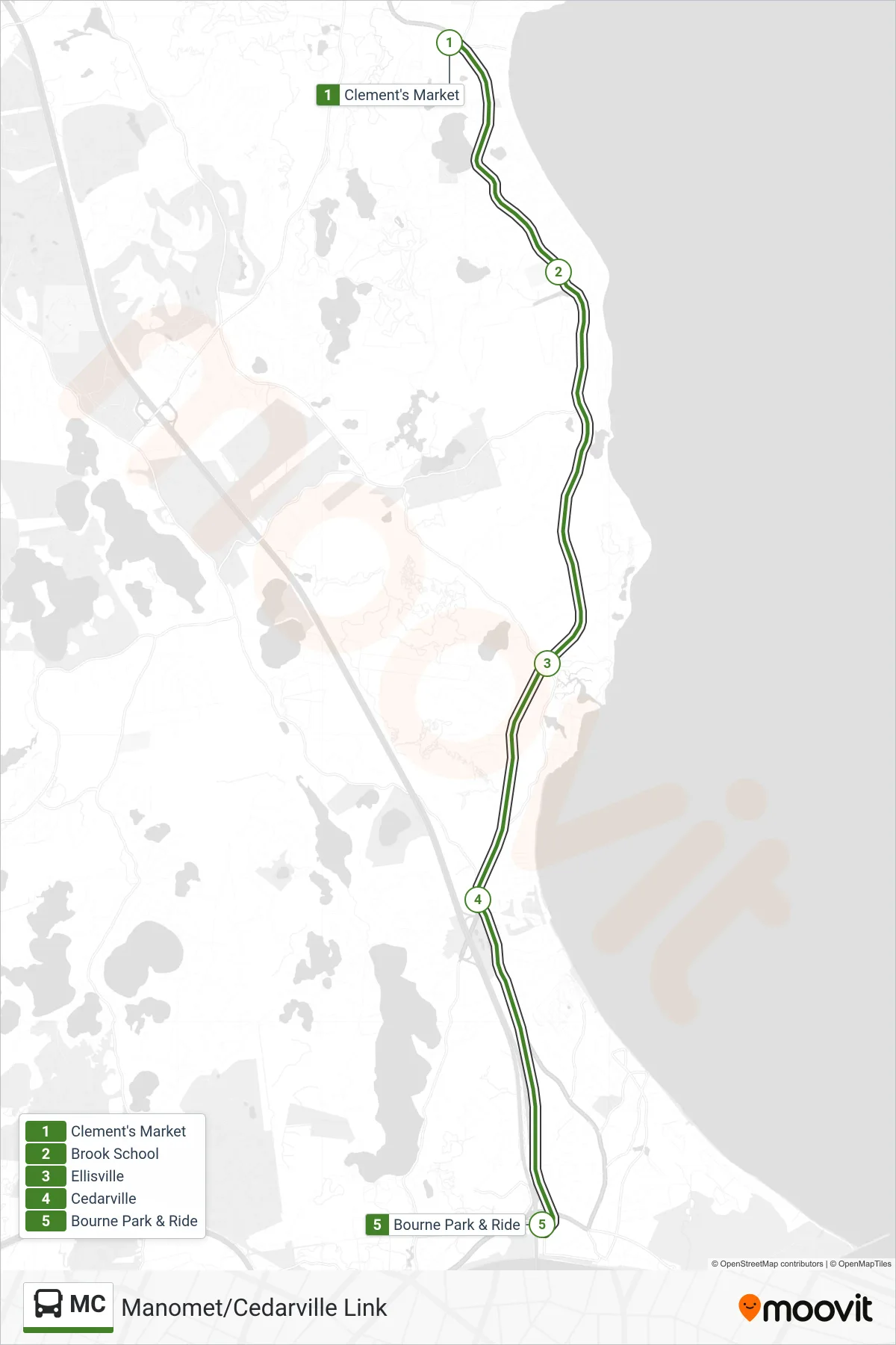 MC bus Line (Clement's Market→Bourne Park & Ride) route and stops on a map